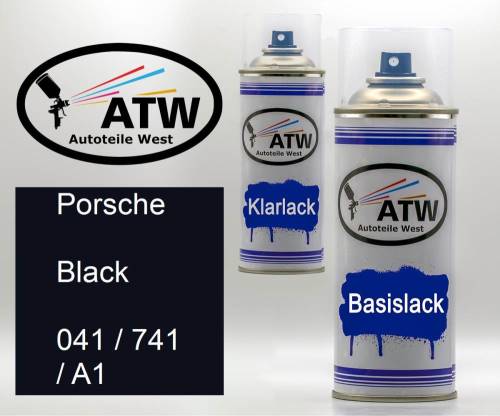 Porsche, Black, 041 / 741 / A1: 400ml Sprühdose + 400ml Klarlack - Set, von ATW Autoteile West.
